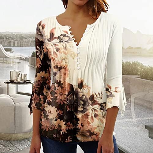 3/4 tunike za rukav za žene cvjetni tipka za cvjetni ispis V izrez casual bluza košulje nagnuto prednje labave fit pulover