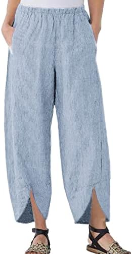 Ženske Casual pantalone sa širokim nogama visokog struka pamučne lanene elastične struka Casual labave gležanj kapris pantalone sa džepovima