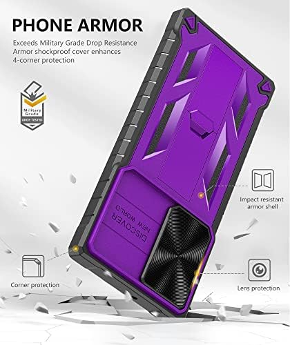 Slučaj za Samsung Galaxy S23 Ultra: Vojni razreda Otvara zaštita Čvrsta zaštitna S22 ultra 5g Poklopac telefona sa ugrađenim kickstand & slide - otporan na udarce, purpur