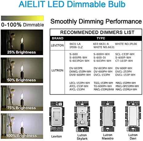 AIELIT E12 LED sijalica 25 watt LED luster sijalice Zatamnjive, plamen Tip Candelabra LED Sijalice, 2W, 200lm 5000K Daylight White, Ca10 sijalice za sveće za plafonske ventilatore, privezak, zidne svetiljke, 4 Pakovanje