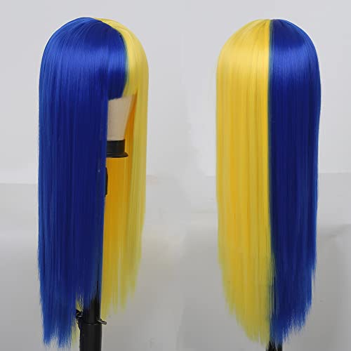 Tseses pola plava pola žuta duge ravne sintetičke perike sa šiškama za žene srednji dio plave perike Cosplay