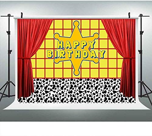 Igračka tema pozadina žuta mreža Sretan rođendan za zabavu fotografije, 9x6FT, Crvena zavjesa Cartoon dječaci