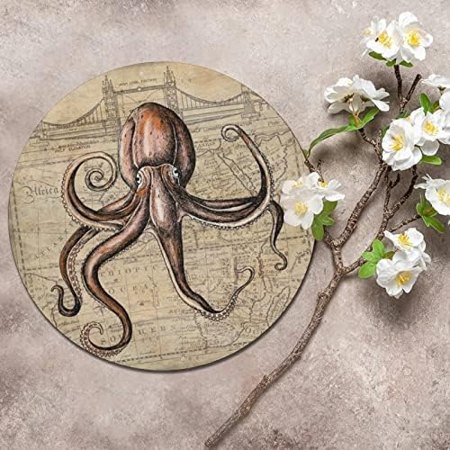 Nautička okeanska tema morska hobotnica i stare karte Okrugli metalni limenki znak Vintage Metal Art Prints