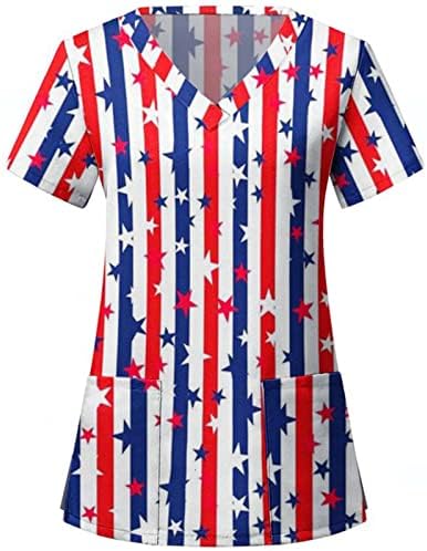 4. jula majice za žene američka zastava ljetne kratke rukave V-izrez majice sa 2 džepa bluze praznična Ležerna