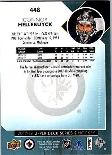 2017-18 Gornja paluba serije 2 448 Connor Hellebuyck Winnipeg Jets hokejaška kartica