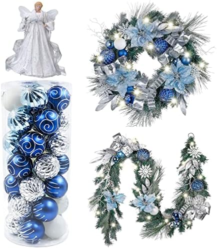Valery Madelyn Winter želi plavi srebrni božićni paket | Kuglični ukrasi od 70 mm + presvijetli 24 inčni božićni vijenac + 6ft božićni vijenac + 15,8 inča za božićno stablo
