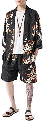 Prižohe muški japanski stil kimono vrhovi hlače setovi lagane casual sedam rukava otvoreni prednji kardigan i kratke hlače