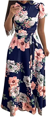 Žene cvjetni print Maxi haljina kratki rukav visoki vrat Boho haljine cvijeće tiskane kravate visoke struke