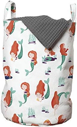 Ambesonne Mermaid torba za veš, kontinuirano crtanje crtića za djevojčice okeanskih stvorenja, korpa za korpe sa ručkama zatvaranje Vezica za pranje veša, 13 x 19, Burnt Sienna Seafoam