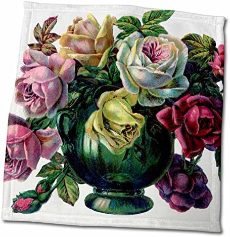 3drose viktorijanske slike - crvene ljubičaste ružičaste žute ruže u zelenoj urn - ručnici