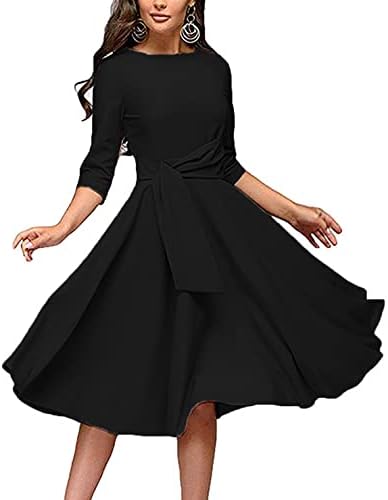 FENJAR ženska elegancija Audrey Hepburn stil Ruched 3/4 kratki rukav s volanima Casual Swing a-line haljina