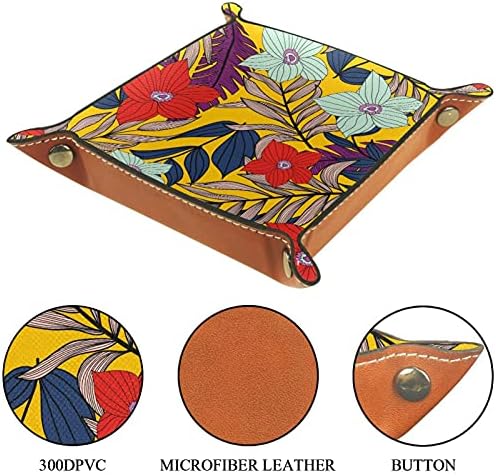 Kožna posuda za valet, kockica preklopna držač za kvadrat, obrub Organizator ploča za promjenu ključa kovanice, tropski cvjetovi lišće
