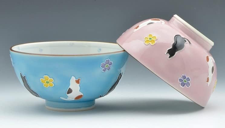 Kyo-Yaki. Set od 2 Meshiwan Bowl kochi cvijet mačka. Papirna kutija. Porculan.