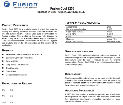 Rashladna tečnost iz magle za aplikacije sečenja metala | Fusion Cool 2255 / Premium Sintetička tečnost