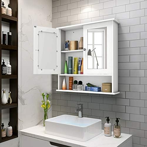 Tangkula zidni ormarić za kupatilo sa dvostrukim ogledalom, drveni viseći ormarić sa vratima i policama,