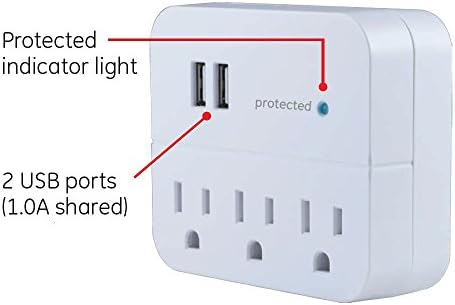 Ge 3-Outlet Extender Prenaponska zaštita sa 2 USB porta, stanica za punjenje, zidna slavina, zaštićeno indikatorsko svjetlo, 3-krak, 560 džula, 1.0 AMP/5 vat, garancija, ul lista, Bijela, 14512