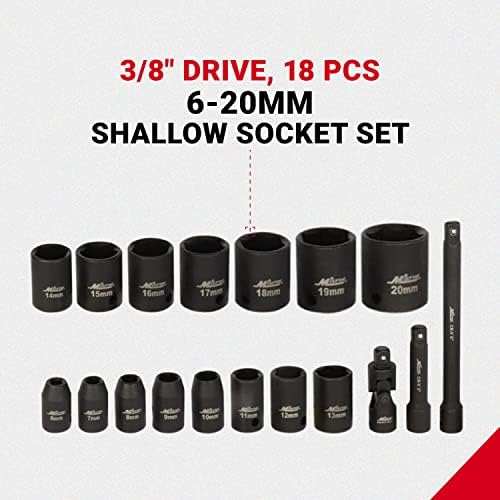 Milton Shallow Socket Set, 3/8 Drive Impact Socket Set, 18-komad Metric 6mm-20mm Set alata, sa univerzalnim