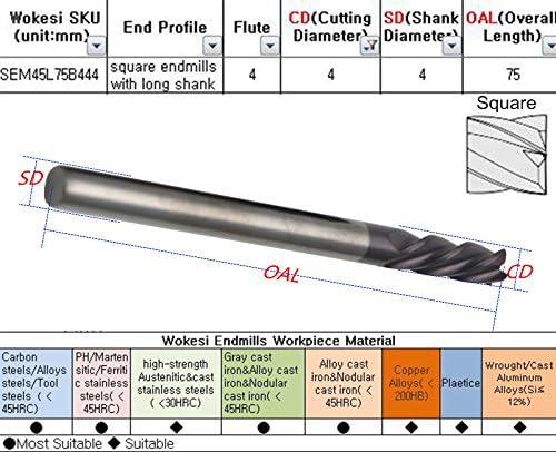 Wokesi 4mm Cutting Dia, 4mmshank Dia, 75mmOAL, Extra Long, HRC45 4flutes TiAlN Coated Solid Carbide Square