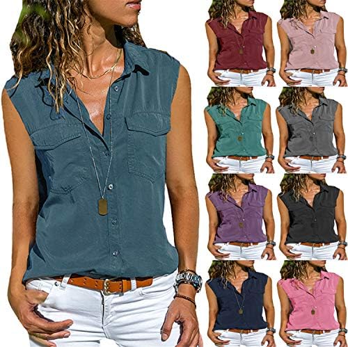 Andongnywell Ženska gumbine tastere sa punim bojama Majica džepna košulja Nosite ljetne tipke Cardigan Bluza