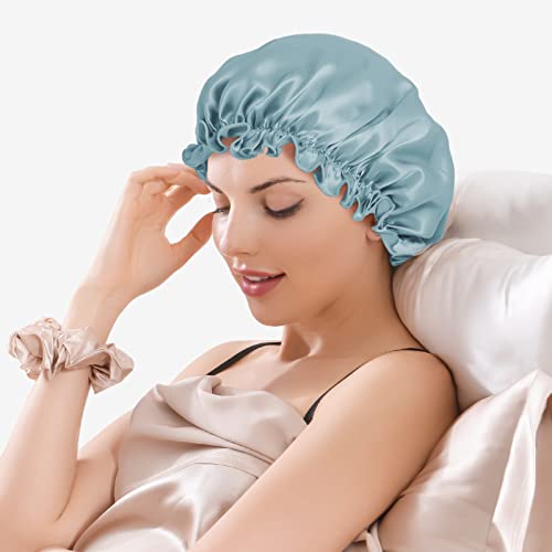 THXSilk mulberry svilena kapa za žene za njegu kose, svilena noćna kapa za spavanje kovrčava omotač za spavanje, plava, 9.8 * 9.8