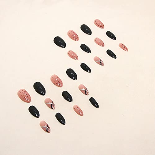 24kom Bademasti oblik pritisnite na noktima srednja dužina lažni nokti sa dizajnom Crna Srebrna pruga ružičasta