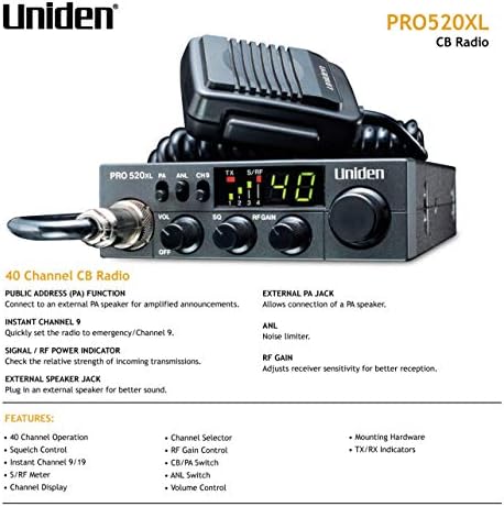 Uniden PRO520XL Pro serija 40-kanalni CB Radio. Kompaktan Dizajn. ANL Switch i pa / CB Switch. 7 vati Audio