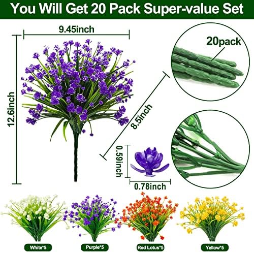 20 pakera umjetno cvijeće za ukrašavanje na otvorenom, proljeće ljetno ukrašavanje UV otporno na umjetnosti umjetnosti vanjski plastični zelenilo grmlje postrojenja lažni cvijeće Dekor za krevet