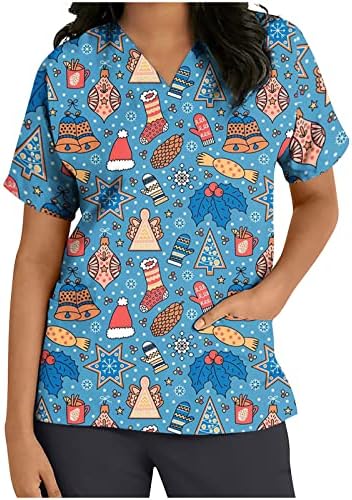 Božić Scrub_Tops za žene plus veličina kratki rukav V vrat štampani starački uniformi odmor Funny Tshirts piling vrhova