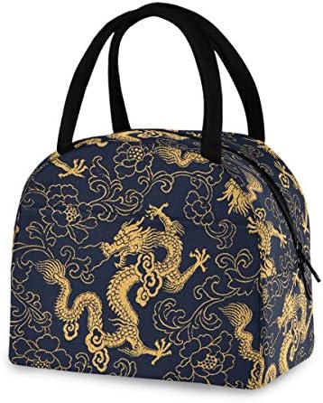 YYZZH kineski tradicionalni uzorak Zlatnog zmaja i božura izolirana torba za ručak sa patentnim zatvaračem