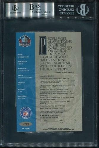 93 Mike Singlary - 1998 Ron Mix Hof Platinum Autos Fudbalske karte GRADEED BGS Auto - autogramirani fudbali