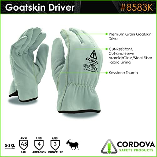 Cordova Sigurnosni proizvodi Premium zrna kozja rukavice za vozače, aramidna / stakla obložena, tipka za
