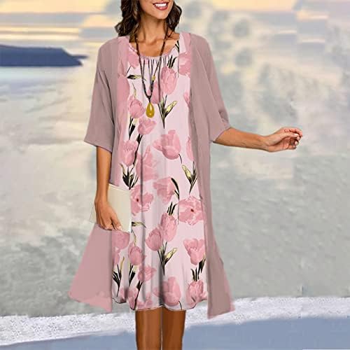 Haljine za žene 2023 Loose Scoop izrez šifon cvjetni štampani Midi sarafan 2 komadni koktel Sako set haljina