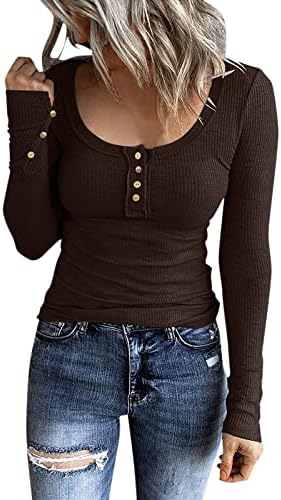 Ženske zapadnih košulja s dugim rukavima 1/4 niz gumb niz vrat Retro Henley vrhovi Slim uskim rebrastim