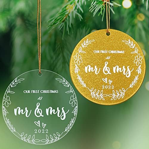 Prvi Božićni oženjeni Ornament 2022 Deco pokloni, 2 set paketa kristalno čisti akrili i Zlatna svjetlucava