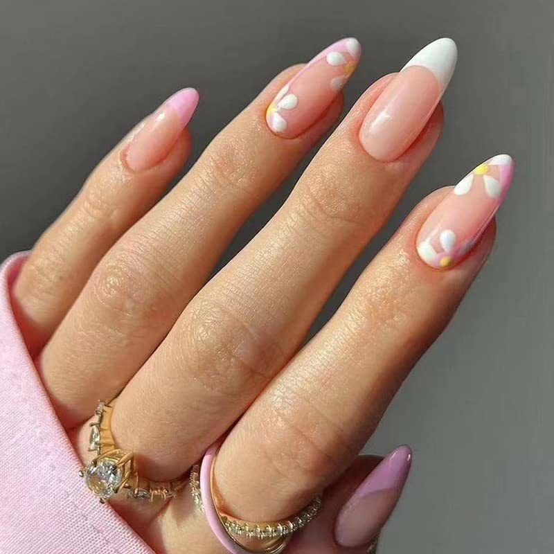 Pritisnite na nokte srednji bademovi lažni nokti goli lažni nokti sa dizajnom ružičastog cvijeta sjajni