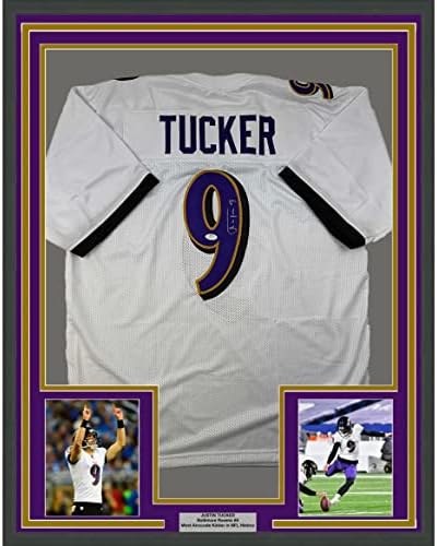 Uokvireni autogramirani / potpisan Justin Tucker 33x42 Baltimore White Fudbal Jersey JSA COA