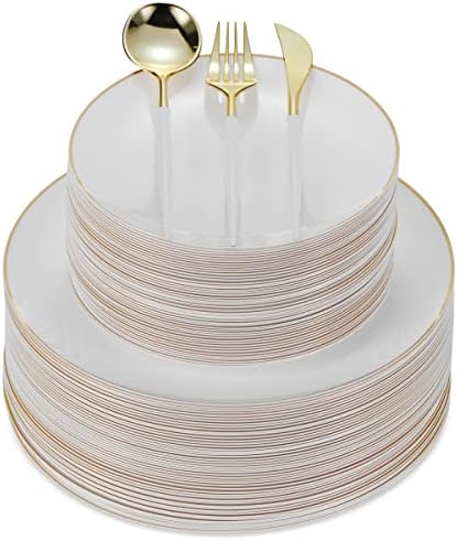 Set posuđa za jelo od plastičnih ploča | 30 jednokratnih tanjira za goste & Set srebrnog posuđa, Bijelo zlato Rim Večera & desertne ploče, Bijelo & zlatno posuđe | 150 kom za teške uslove rada, za vjenčanja, zabave ili ugostiteljstvo