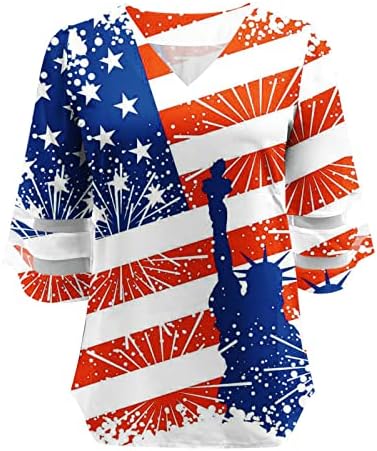 Ženska majica 3/4 rukava 2023 Deep V izrez Američka zastava Grafički Capri Mesh Patchwork bluza majica za djevojčice XS
