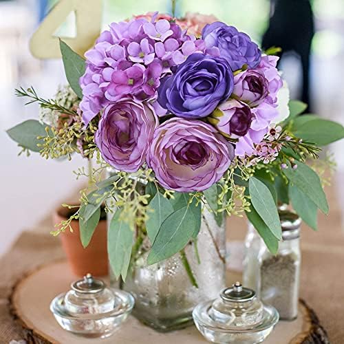 Felice Arts Umjetni cvjetovi Purple Bouquet 12 7 ​​glava svilena čaj ruža i hidrangea buket za svadbeni mladenac kućni stolni stolni prostor ljetni cvjetni ukras